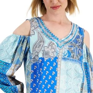 NWT JM Collection Women's Paisley-Print Cold-Shoulder Top Deep Cobalt Size XXL